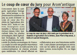 article dans Le Dauphiné sur le prix coup de coeur de la pépinière Arom'antique
